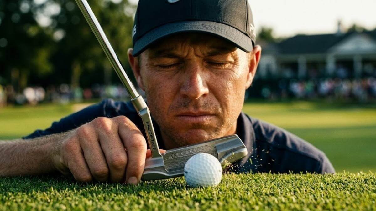 ภาพระยะใกล้ของนักกอล์ฟหลับตาขณะที่หน้าพัตเตอร์กำลังกระทบลูกกอล์ฟ สื่อถึงการฝึกซ้อมเพื่อสร้างความรู้สึกกะน้ำหนัก