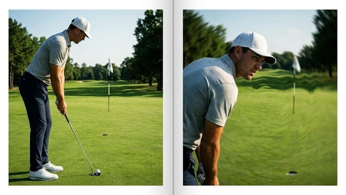 golf-putting-perspective-featured ภาพเปรียบเทียบมุมมองที่ชัดเจนตอนยืนหลังลูก กับมุมมองที่บิดเบี้ยวตอนก้มหน้าจรดพัตเตอร์