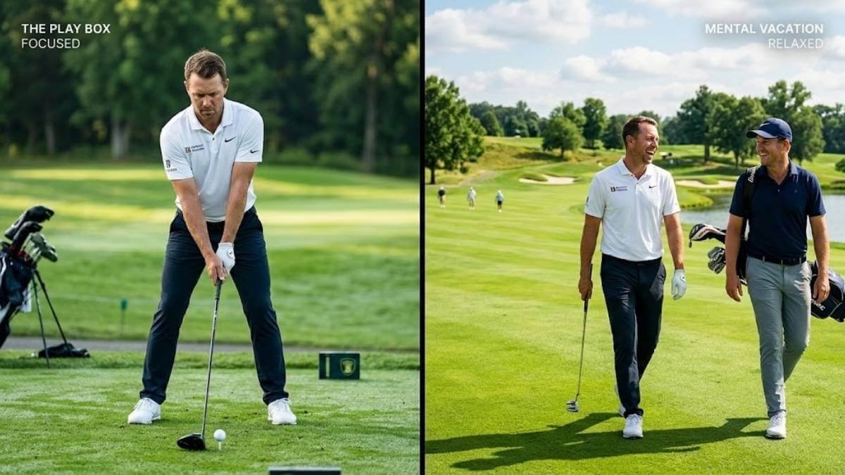 golf-switch-focus-featured ภาพเปรียบเทียบนักกอล์ฟขณะตั้งสมาธิจดจ่อก่อนตี กับจังหวะผ่อนคลายพูดคุยอย่างมีความสุขระหว่างเดินไปที่ลูก