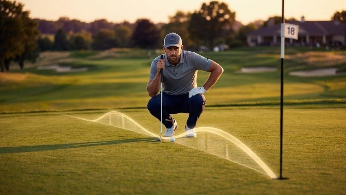 นักกอล์ฟยืนตัวตรงอยู่หลังลูกกอล์ฟ มีเส้นกราฟิกแสดงการอ่านไลน์ที่ทะลุตรงไปถึงหลุม สื่อถึงมุมมองที่ถูกต้อง