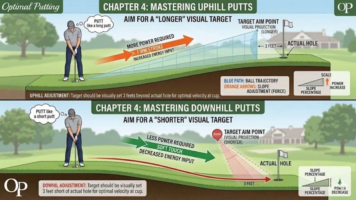 ภาพกราฟิกแสดงวิธีการปรับระยะเป้าหมายสำหรับการพัตต์ขึ้นเนินและลงเนิน