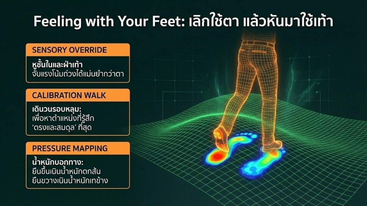 การใช้เท้าสัมผัสความลาดเอียงของกรีนกอล์ฟเพื่อหาจุดสูงสุดและจุดต่ำสุด
