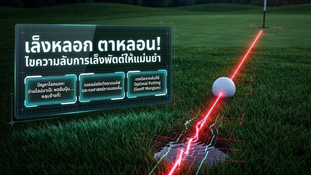 ลูกกอล์ฟที่มีเส้นเล็งชี้ตรงไปที่หลุมกอล์ฟ แสดงถึงการเล็งเป้าหมายที่แม่นยำ