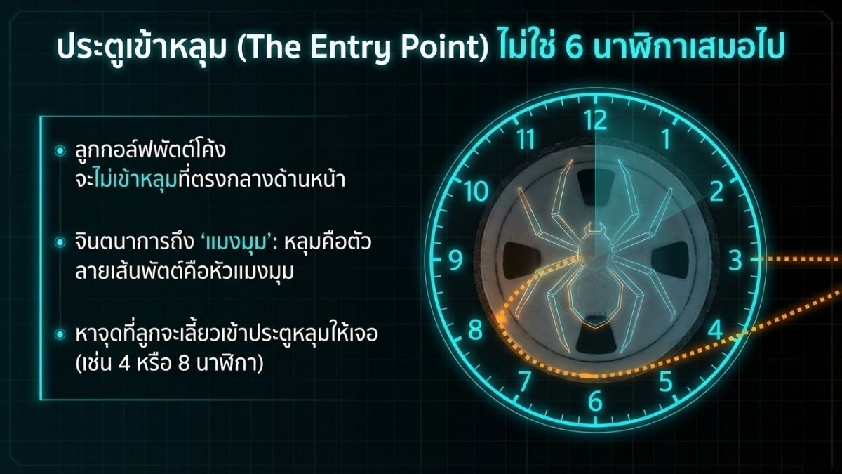 ภาพแสดงประตูเข้าหลุมแบบหน้าปัดนาฬิกา ลูกกอล์ฟตกหลุมจากด้านข้างตามแนวไลน์โค้ง