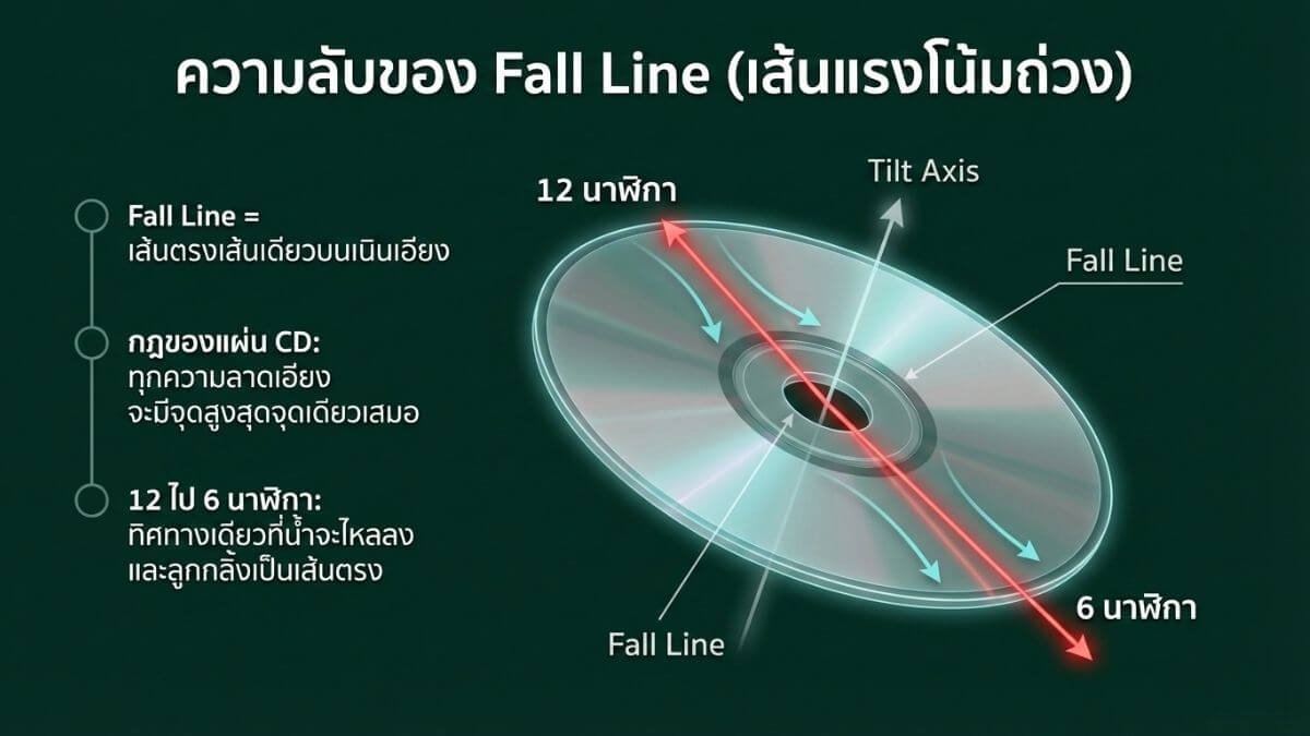 ภาพกราฟิกแสดงเส้นแรงโน้มถ่วง (Fall Line) ซึ่งเป็นเส้นพัตต์ตรงขึ้นและลงเนิน