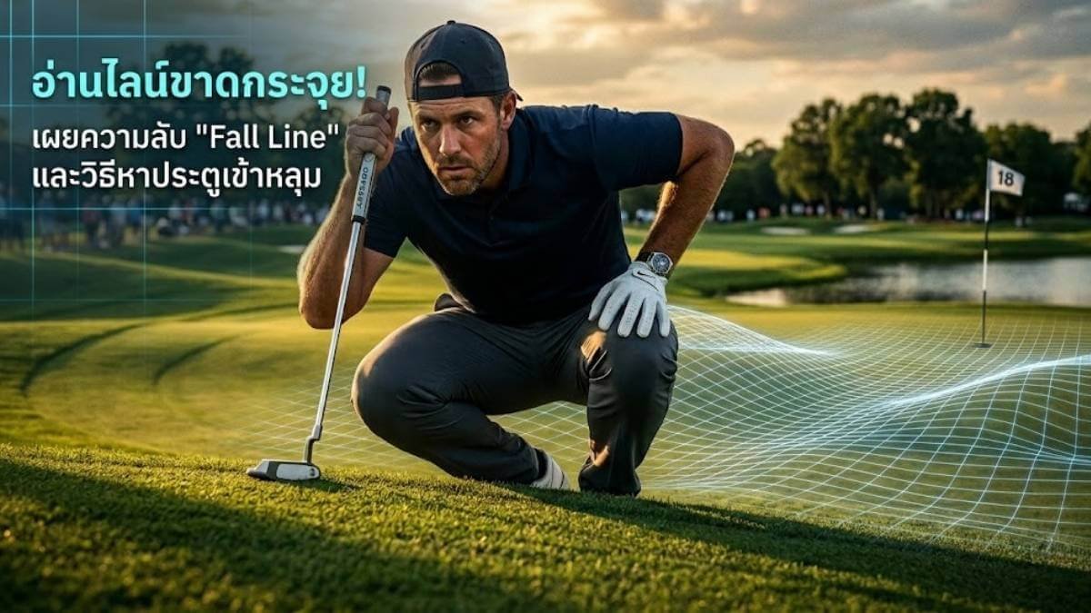 นักกอล์ฟกำลังนั่งยองๆ อ่านไลน์และวิเคราะห์ความลาดเอียงของกรีน