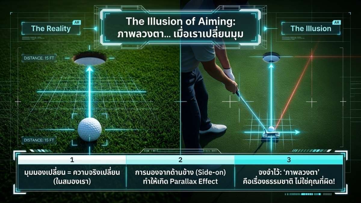 ภาพเปรียบเทียบมุมมองการเล็งพัตต์จากด้านหลังลูกที่เห็นเส้นตรง กับมุมมองด้านข้างที่ตาหลอกให้เห็นเส้นโค้ง