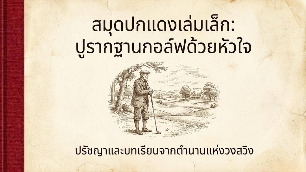 harvey-penicks-little-red-book-summary-ep3 รูปสมุดปกแดงเคียงคู่กับลูกกอล์ฟและพัตเตอร์บนกรีน หรือภาพคุณพ่อกำลังสอนเด็กตัวเล็กๆ พัตต์กอล์ฟด้วยรอยยิ้ม พร้อมข้อความตัวหนังสือบนภาพ (Text Overlay) ที่อ่านง่ายๆ ว่า "ถอดรหัสสมุดปกแดง EP.3: สร้างรากฐานกอล์ฟให้เฉียบขาด